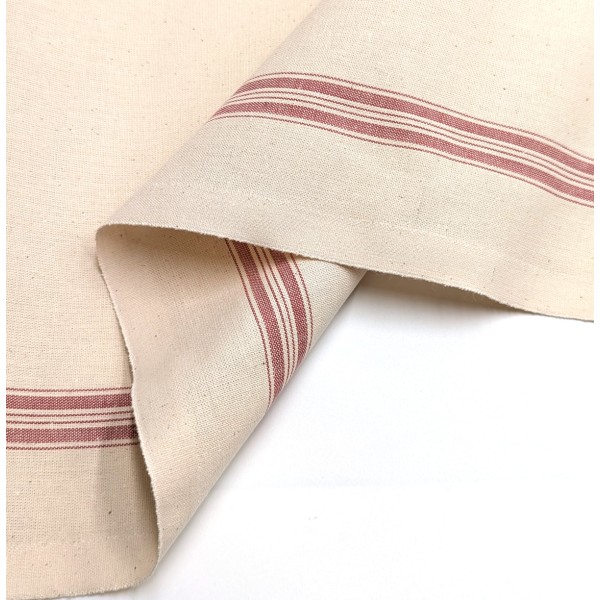 Tissu Coton Torchon Grège et Rouge