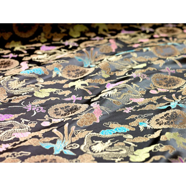 Tissu Asie Fond Noir oiseaux et dragon