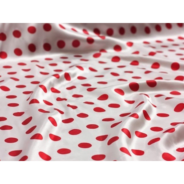 Tissu Satin Fond Blanc Pois Rouge